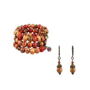Wood Bead Wrap Bracelet & Earring Set